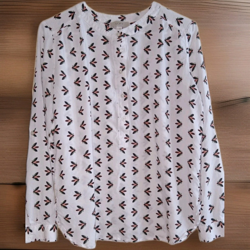 LOFT Womens Sz S Top Blouse Dragonflies Minimalist Preppy Whimsical Bee Shirt